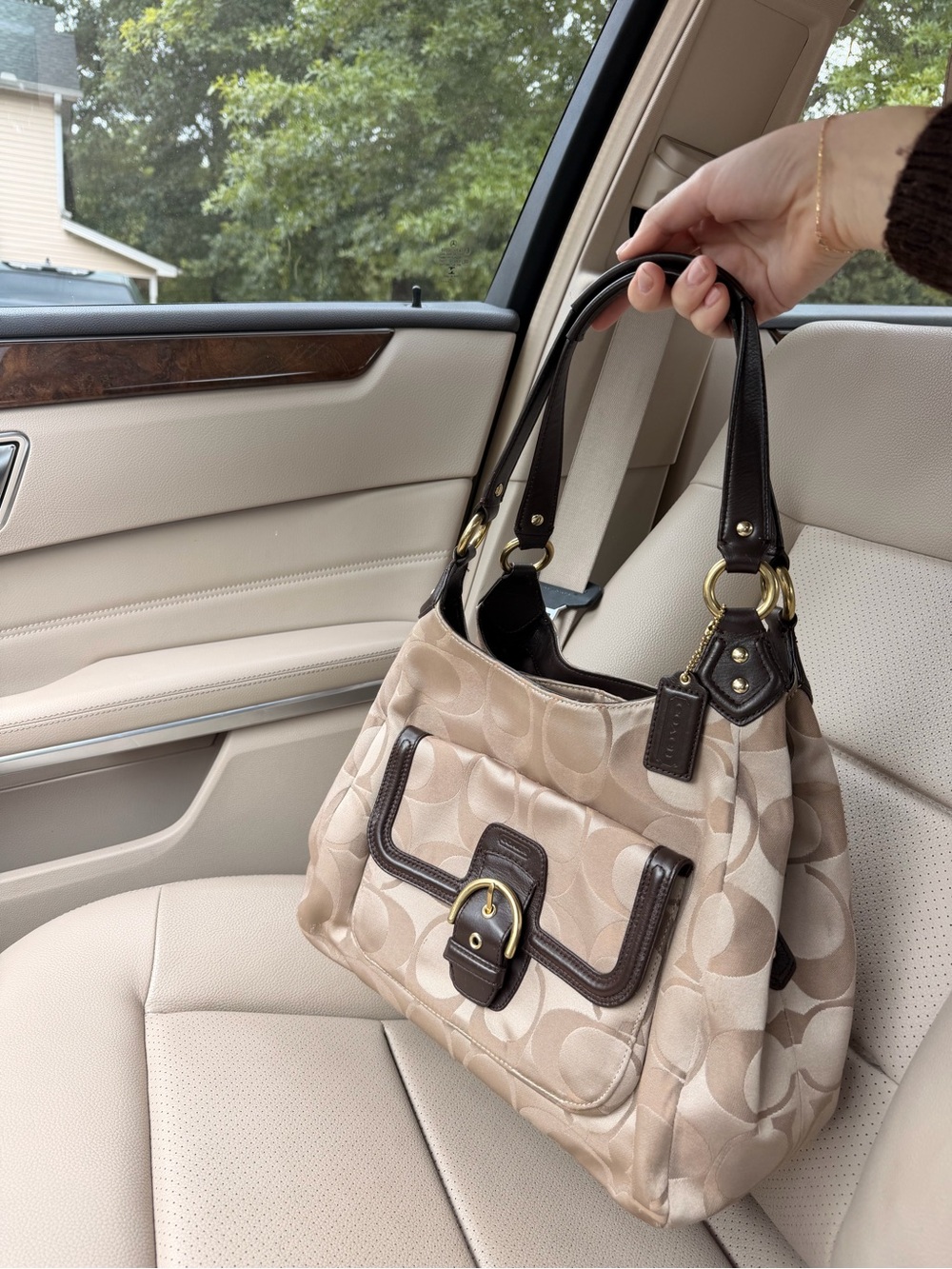 Coach Beige Signature Shoulder Bag with Dark Brown Trim